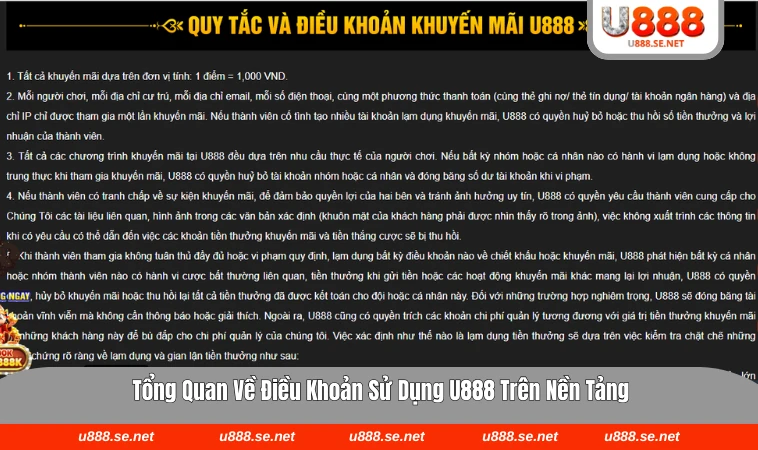 Giao diện mục điều khoản sử dụng trên nền tảng U888