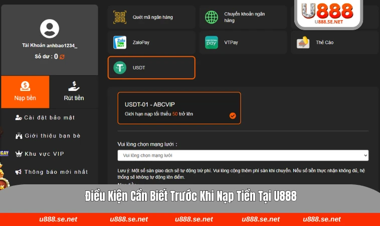 Nạp Tiền U888 1 Các điều kiện cơ bản cần đáp ứng trước khi nạp tiền